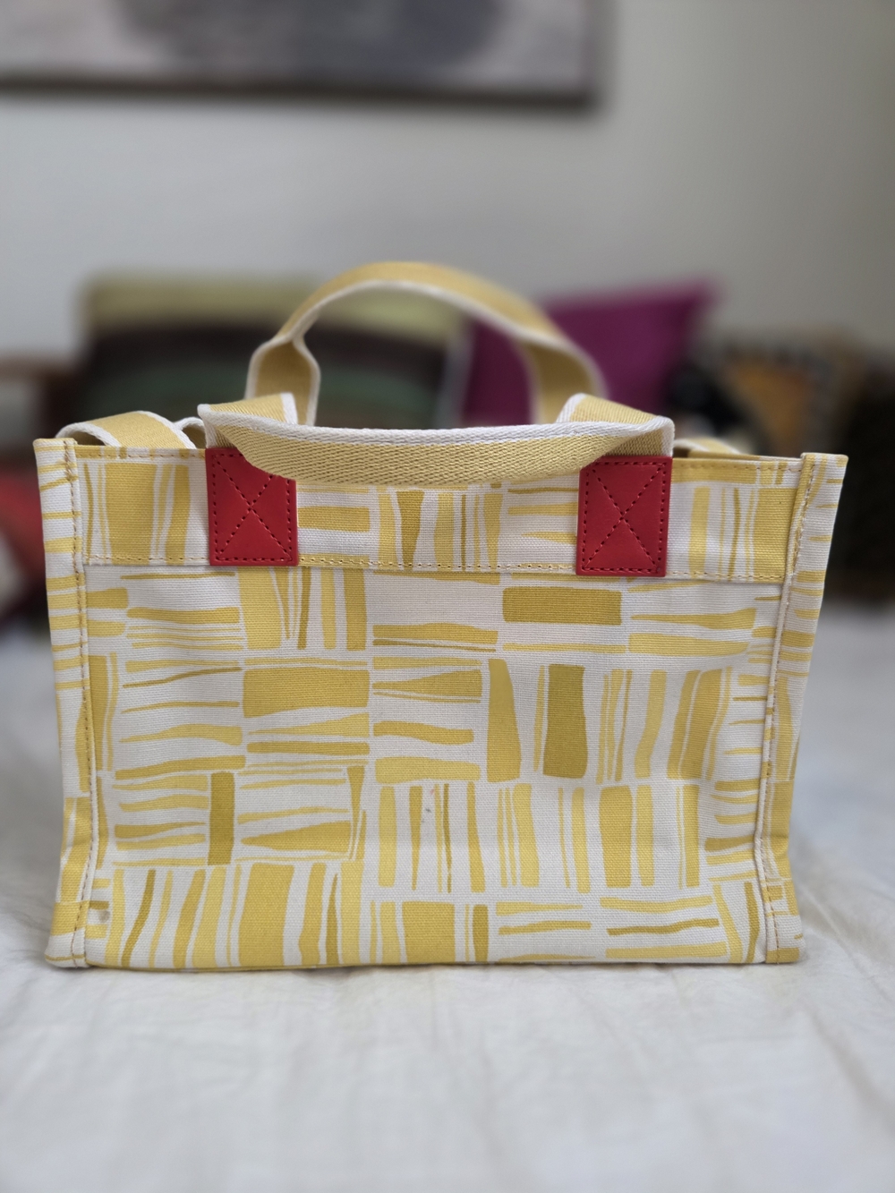 Cath Kidston Yellow Patterned Canvas Tote with Red Handle Accents